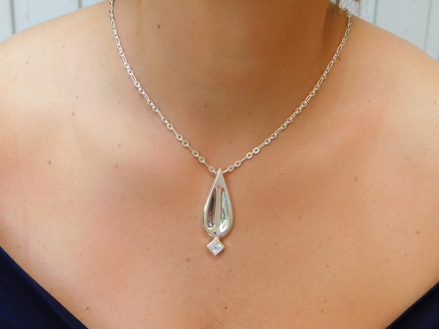 Drop Necklace, Princess cut Moissanite, Minimalist Pendant Silver AG950, Luxury Chain