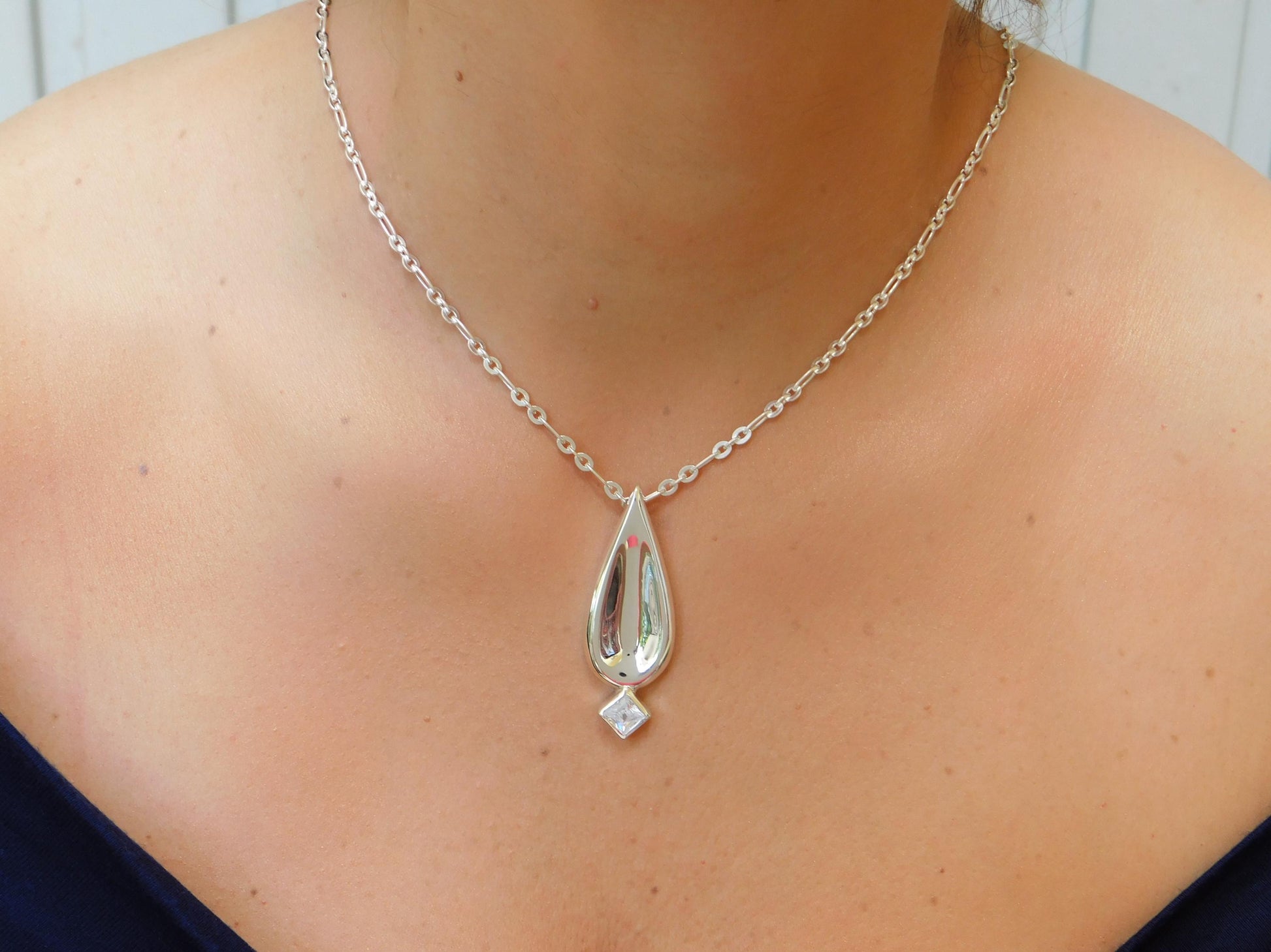 Drop Necklace, Princess cut Moissanite, Minimalist Pendant Silver AG950, Luxury Chain