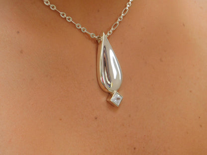 Drop Necklace, Princess cut Moissanite, Minimalist Pendant Silver AG950, Luxury Chain