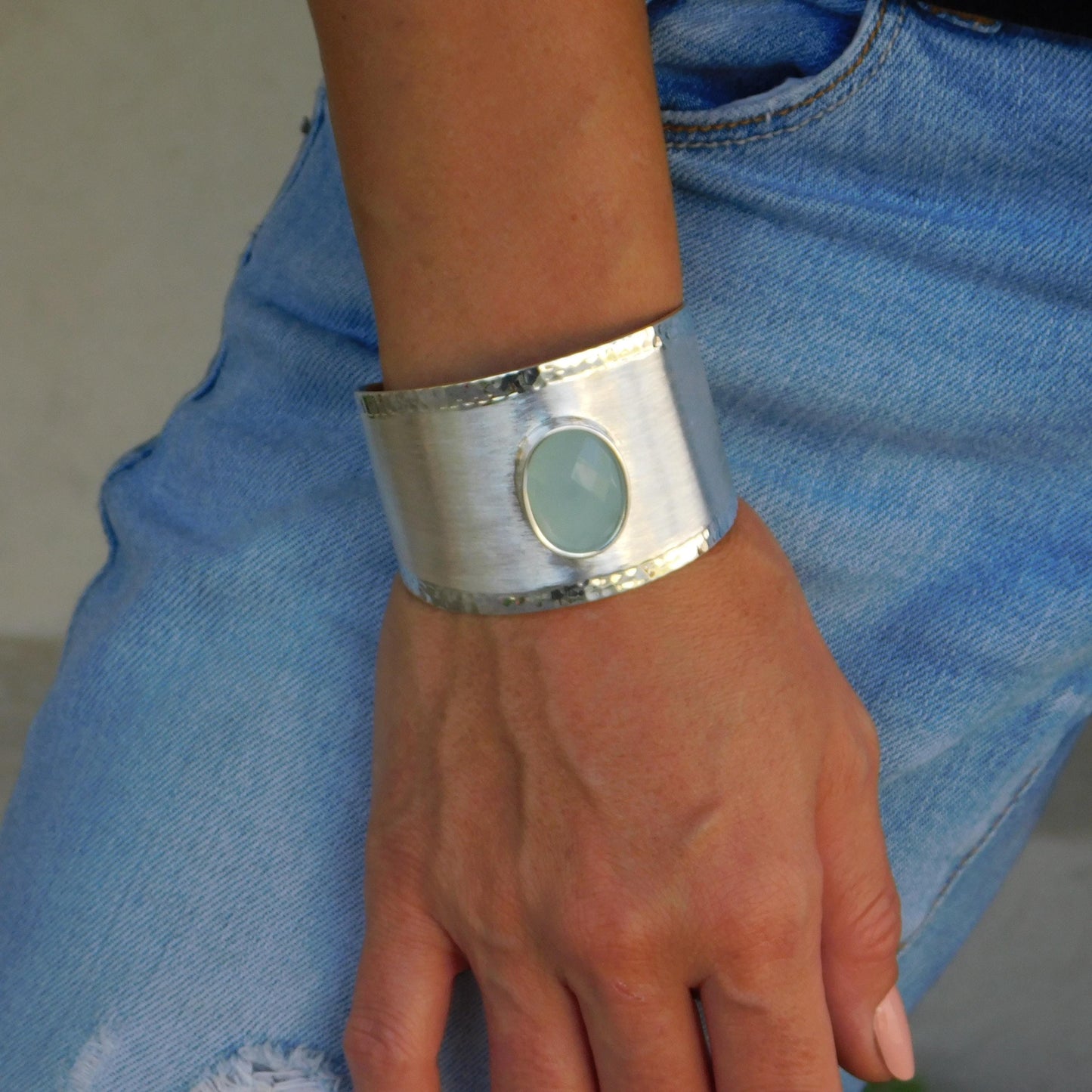 Extra Wide Cuff Bracelet: Heavy Silver Wristlet, Chalcedony Gemstone