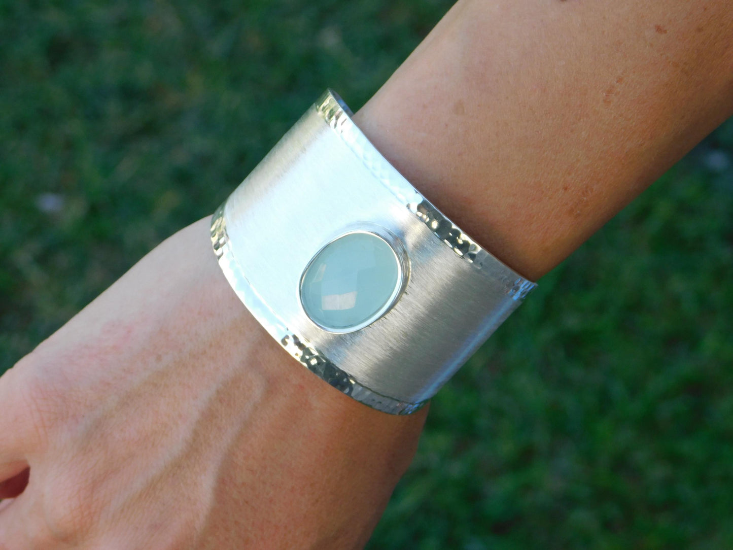 Extra Wide Cuff Bracelet: Heavy Silver Wristlet, Chalcedony Gemstone