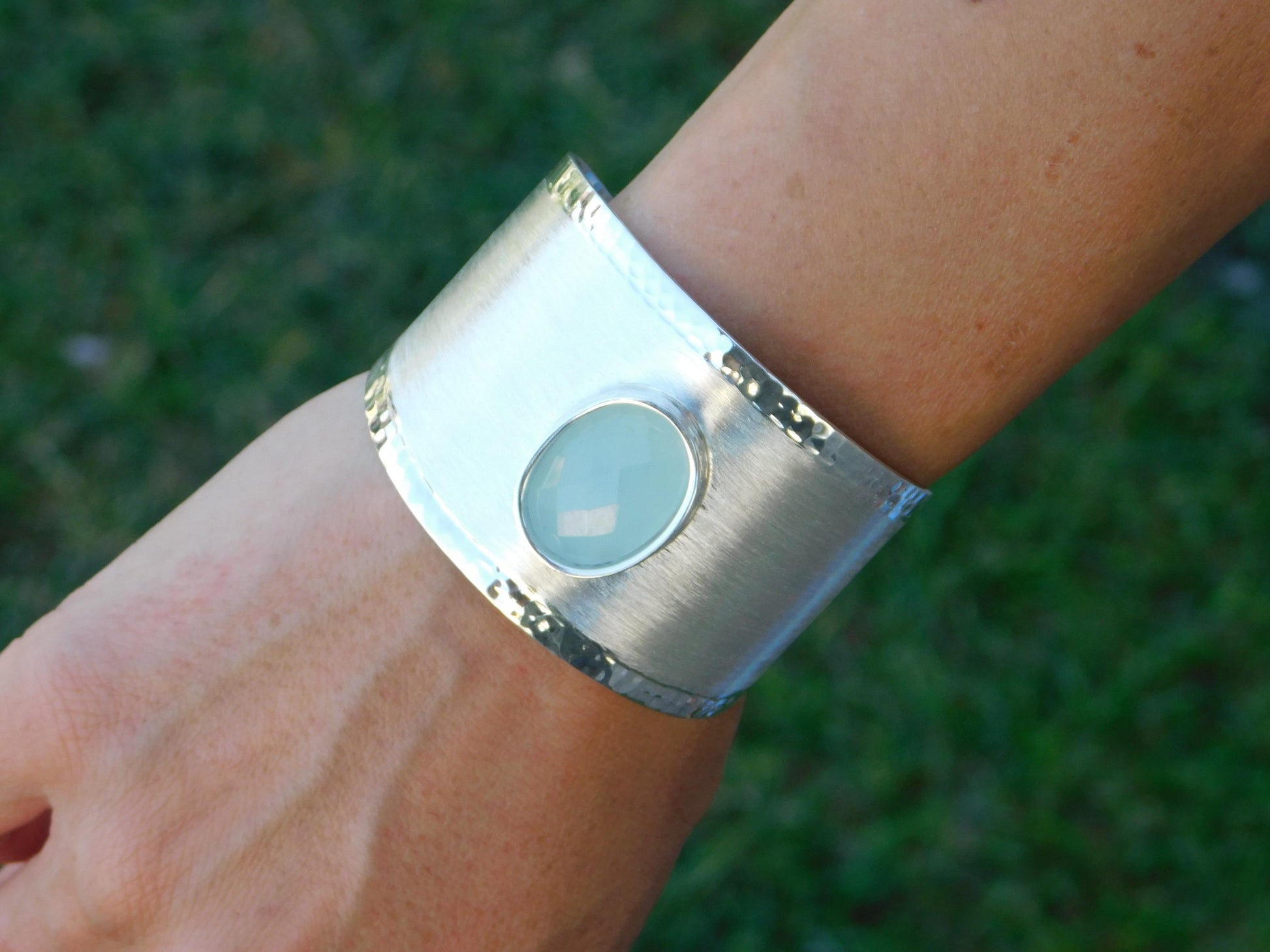 Extra Wide Cuff Bracelet: Heavy Silver Wristlet, Chalcedony Gemstone