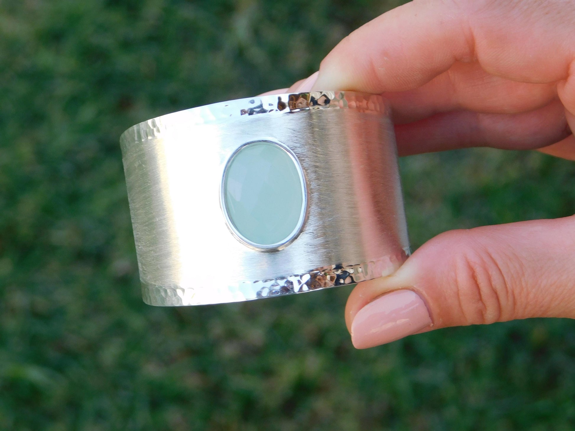 Extra Wide Cuff Bracelet: Heavy Silver Wristlet, Chalcedony Gemstone