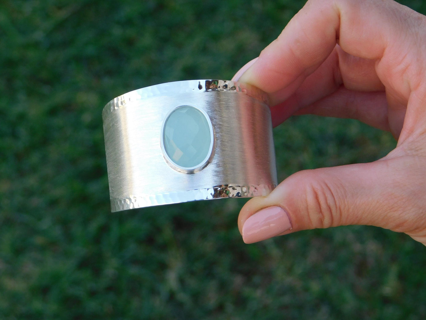 Extra Wide Cuff Bracelet: Heavy Silver Wristlet, Chalcedony Gemstone