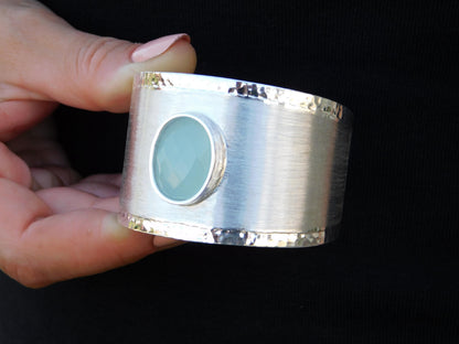 Extra Wide Cuff Bracelet: Heavy Silver Wristlet, Chalcedony Gemstone