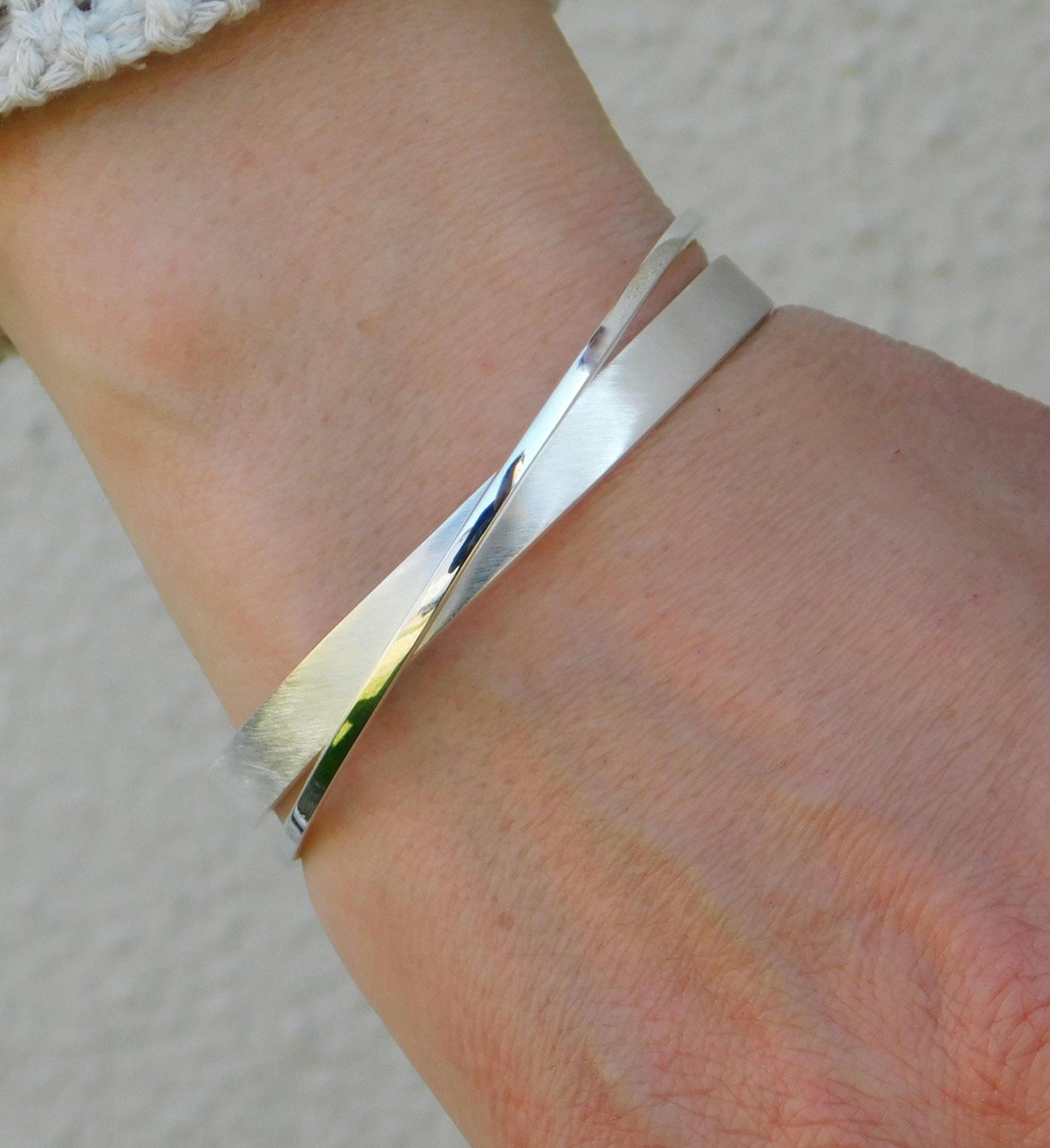 Brushed Cuff Bracelet for Women: Modern Wristlet, Double Bangle Gold Plated or Silver