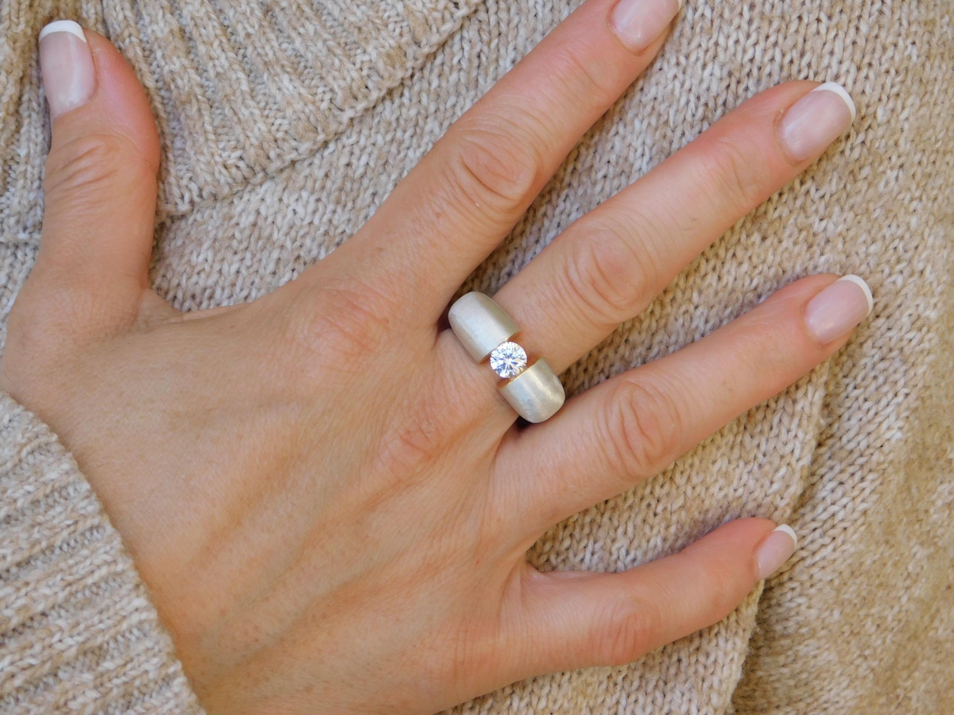 Proposal Ring: Statement Ring for Women, Moissanite Tension Setting, Bi-Color Design with Brushed Finish