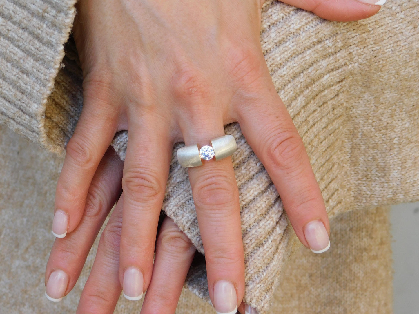 Proposal Ring: Statement Ring for Women, Moissanite Tension Setting, Bi-Color Design with Brushed Finish