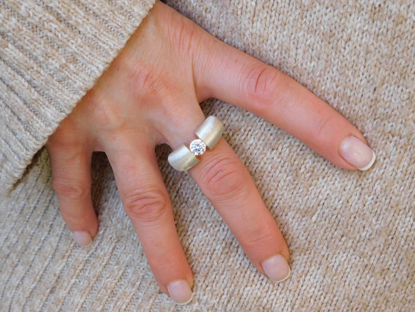 Proposal Ring: Statement Ring for Women, Moissanite Tension Setting, Bi-Color Design with Brushed Finish