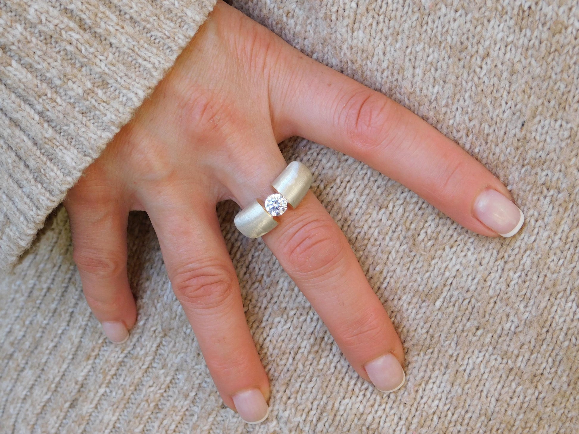 Proposal Ring: Statement Ring for Women, Moissanite Tension Setting, Bi-Color Design with Brushed Finish