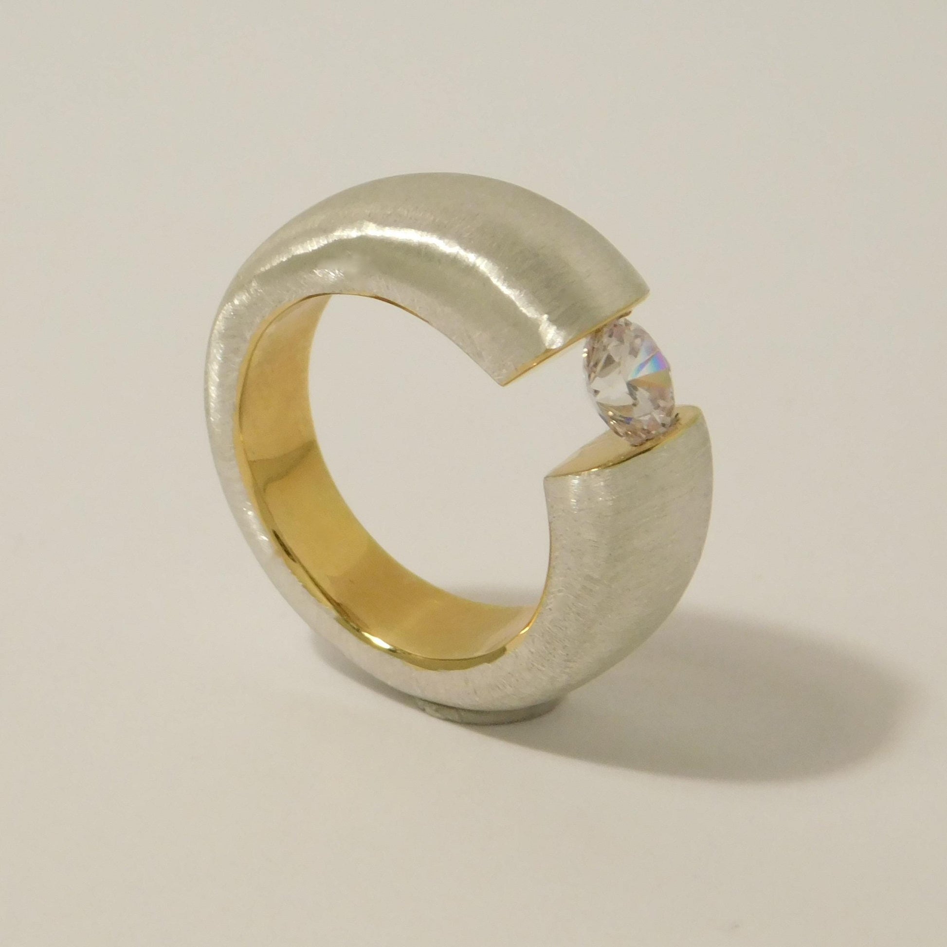Proposal Ring: Statement Ring for Women, Moissanite Tension Setting, Bi-Color Design with Brushed Finish