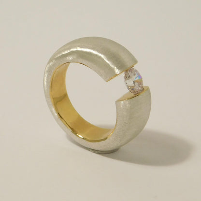 Proposal Ring: Statement Ring for Women, Moissanite Tension Setting, Bi-Color Design with Brushed Finish