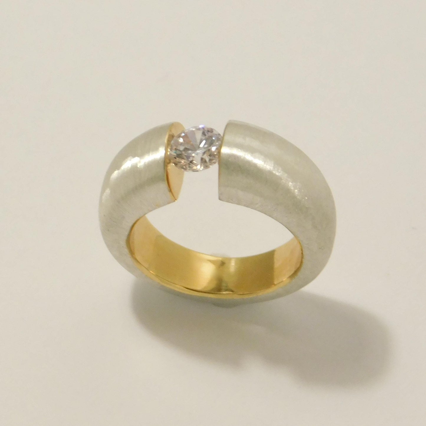 Proposal Ring: Statement Ring for Women, Moissanite Tension Setting, Bi-Color Design with Brushed Finish