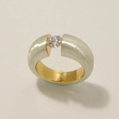 Proposal Ring: Statement Ring for Women, Moissanite Tension Setting, Bi-Color Design with Brushed Finish