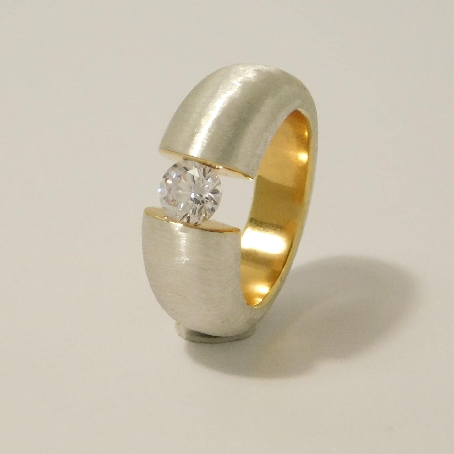 Proposal Ring: Statement Ring for Women, Moissanite Tension Setting, Bi-Color Design with Brushed Finish