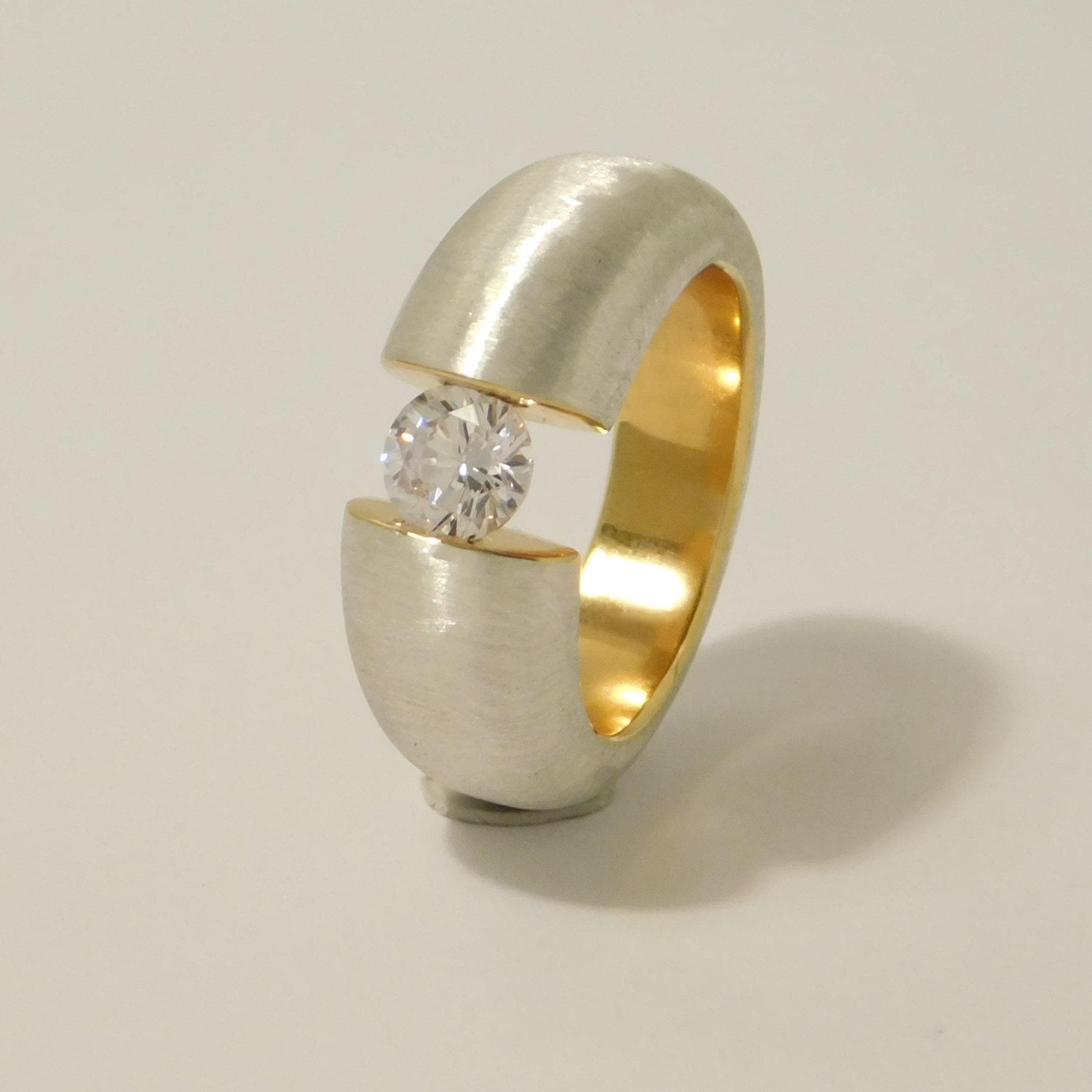 Proposal Ring: Statement Ring for Women, Moissanite Tension Setting, Bi-Color Design with Brushed Finish