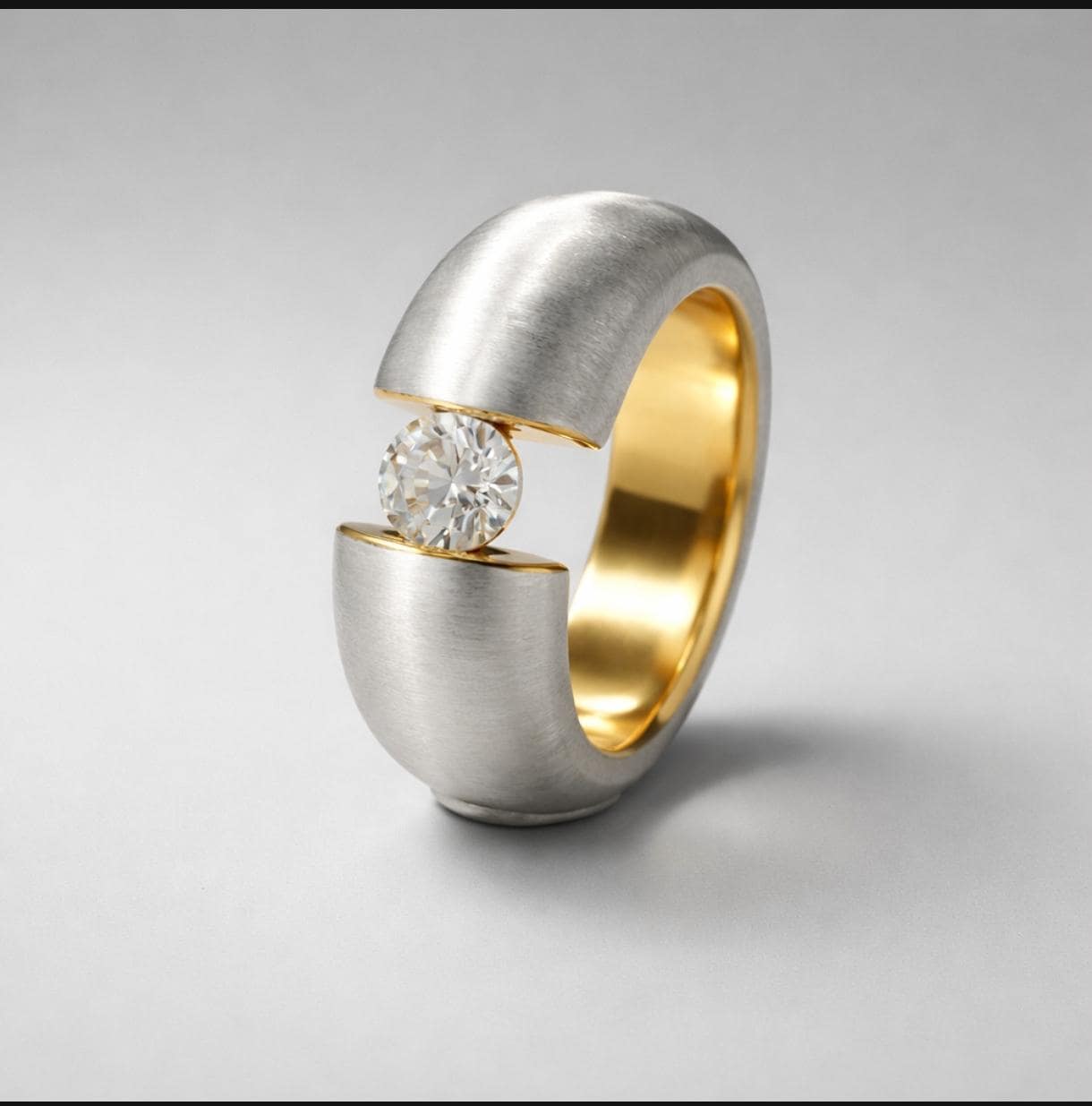 Proposal Ring: Statement Ring for Women, Moissanite Tension Setting, Bi-Color Design with Brushed Finish