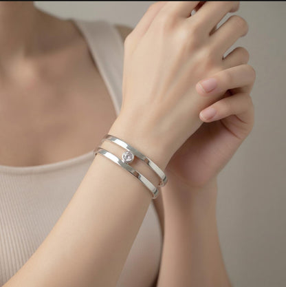 Minimalist Sterling Silver Open Cuff Bracelet, 2Ct Moissanite, Handmade Luxury Jewelry
