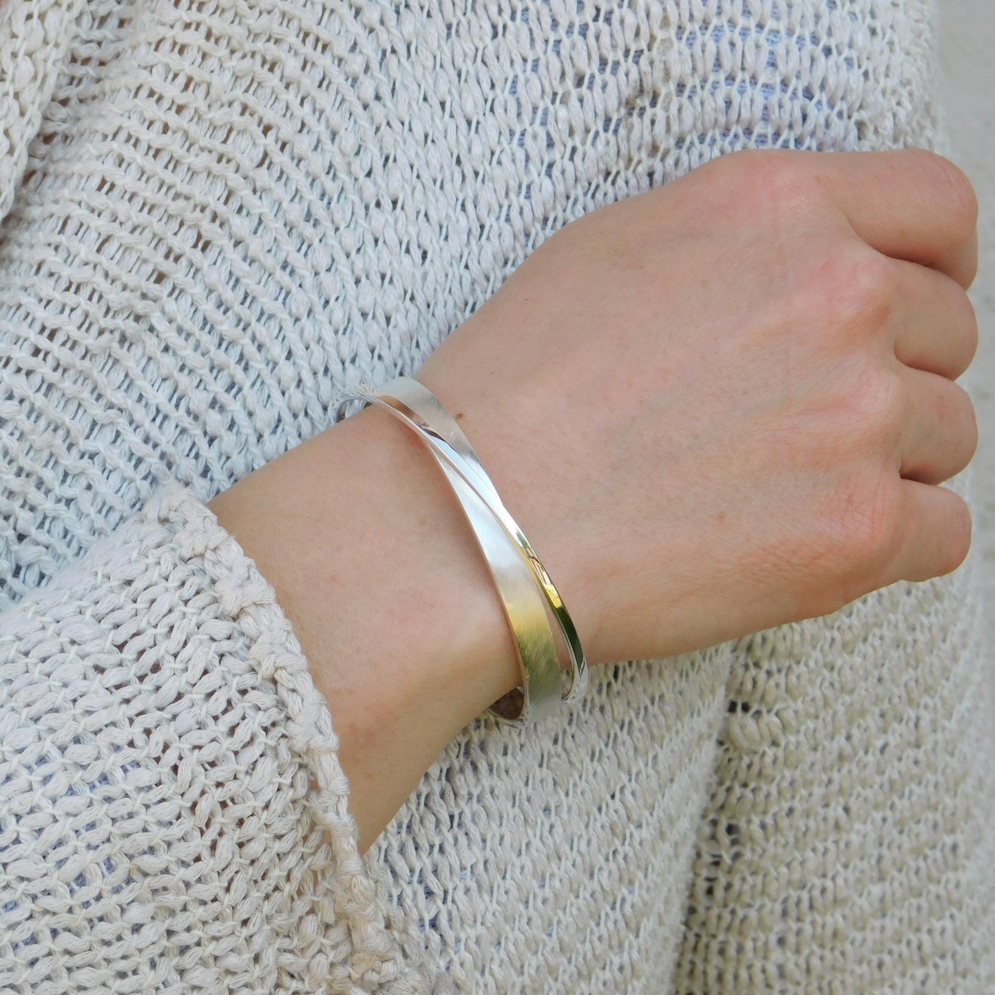 Brushed Cuff Bracelet for Women: Modern Wristlet, Double Bangle Gold Plated or Silver