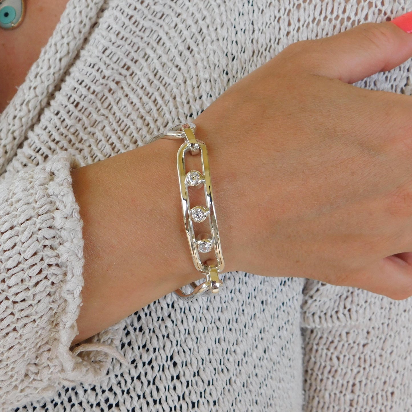 Large Linked Bracelet, Link Cuff Wristlet with Moissanites