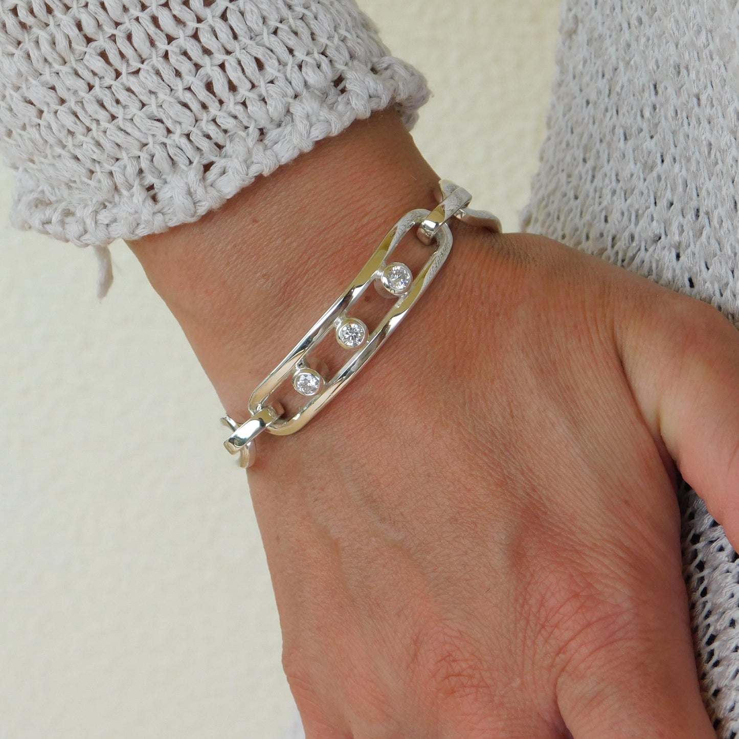 Large Linked Bracelet, Link Cuff Wristlet with Moissanites