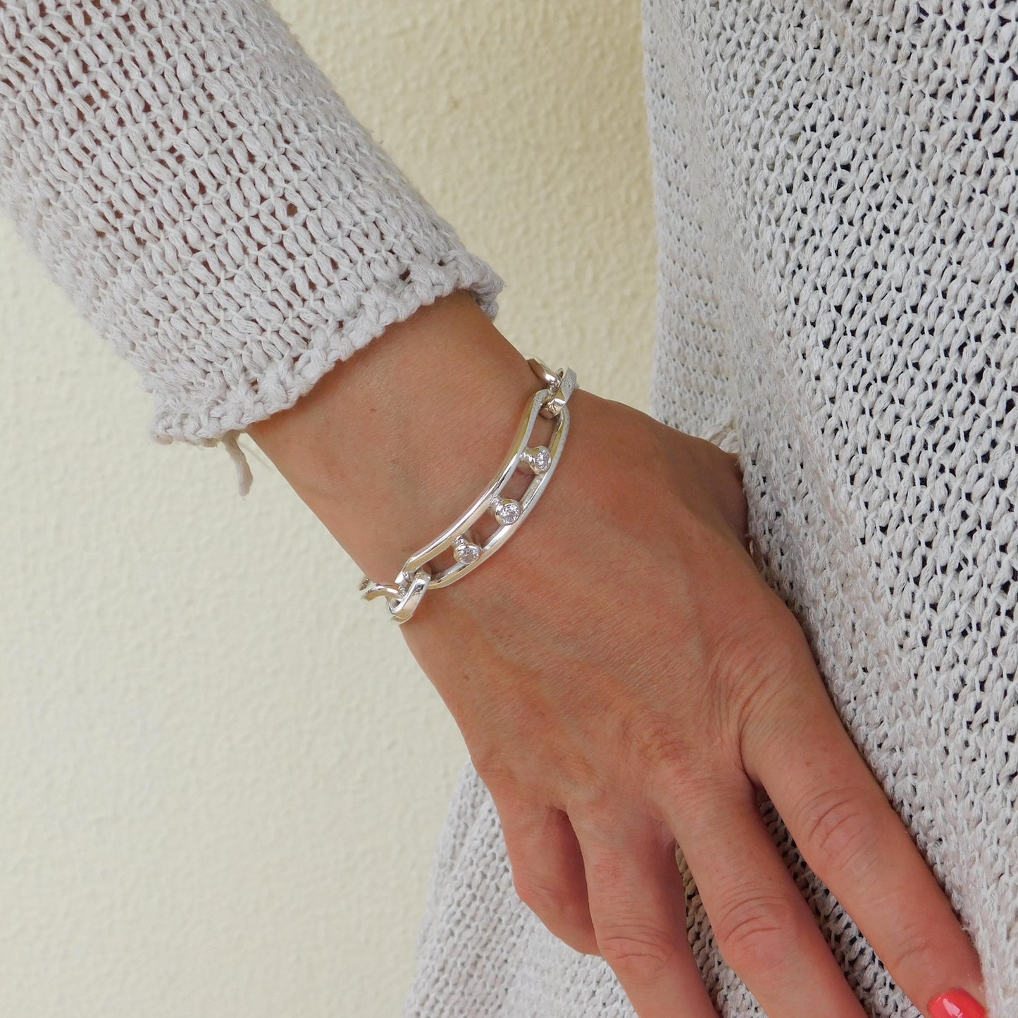 Large Linked Bracelet, Link Cuff Wristlet with Moissanites
