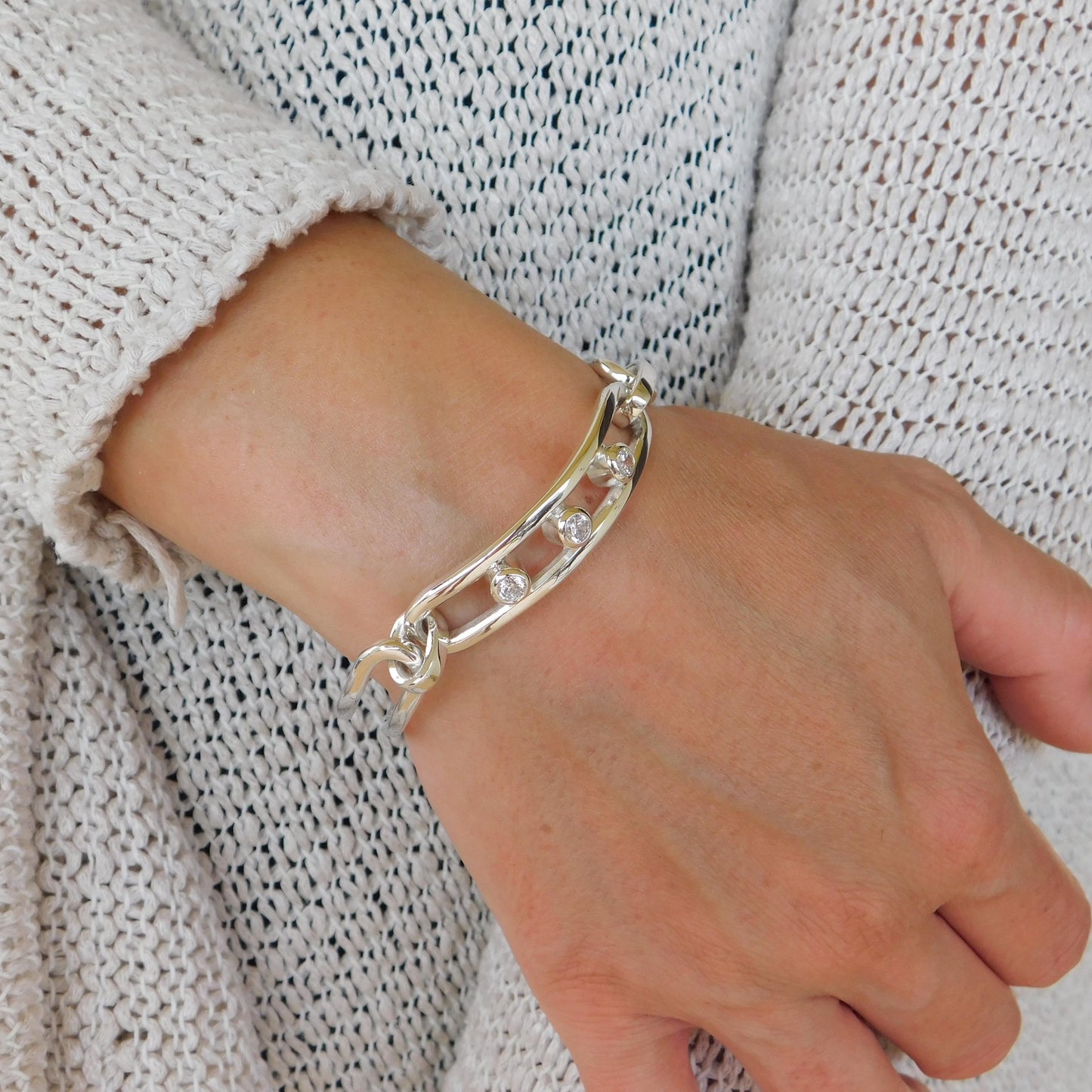 Large Linked Bracelet, Link Cuff Wristlet with Moissanites