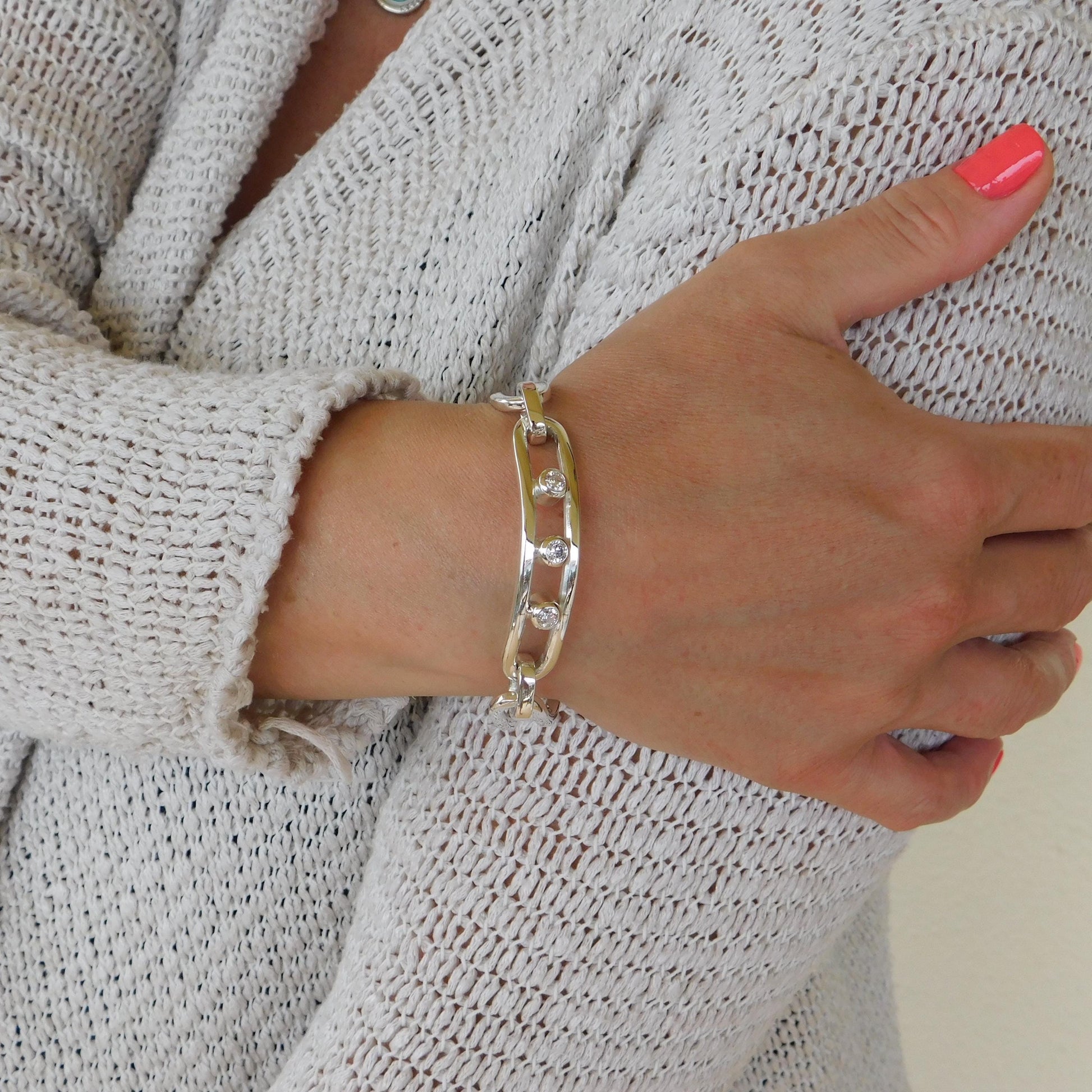 Large Linked Bracelet, Link Cuff Wristlet with Moissanites