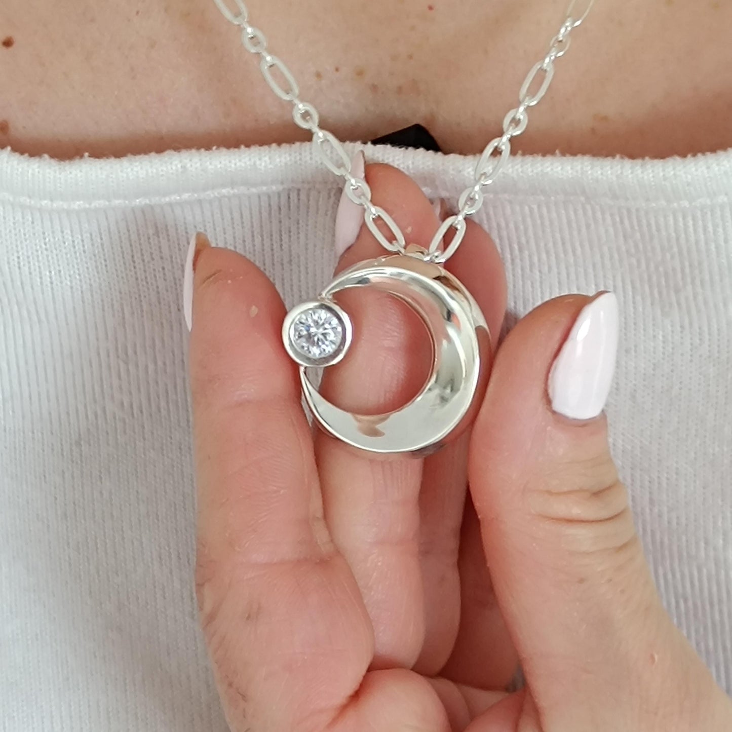 Silver Crescent Moon Necklace, 1ct Moissanite Pendant, Celestial Statement Jewelry