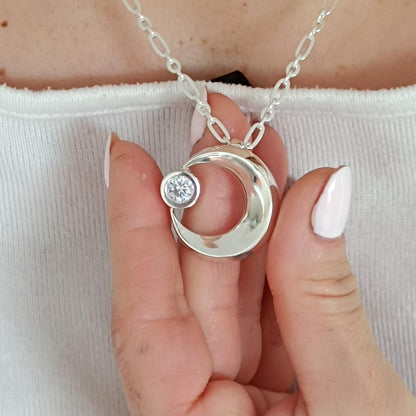 Silver Crescent Moon Necklace, 1ct Moissanite Pendant, Celestial Statement Jewelry