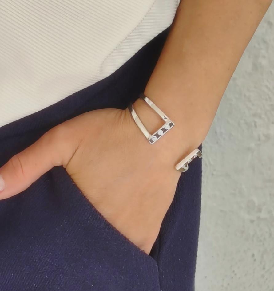 Cuff Bracelet For Women: Cubic Zirconia Stones, Modern Bangle, Handmade Jewelry, Silver AG 950