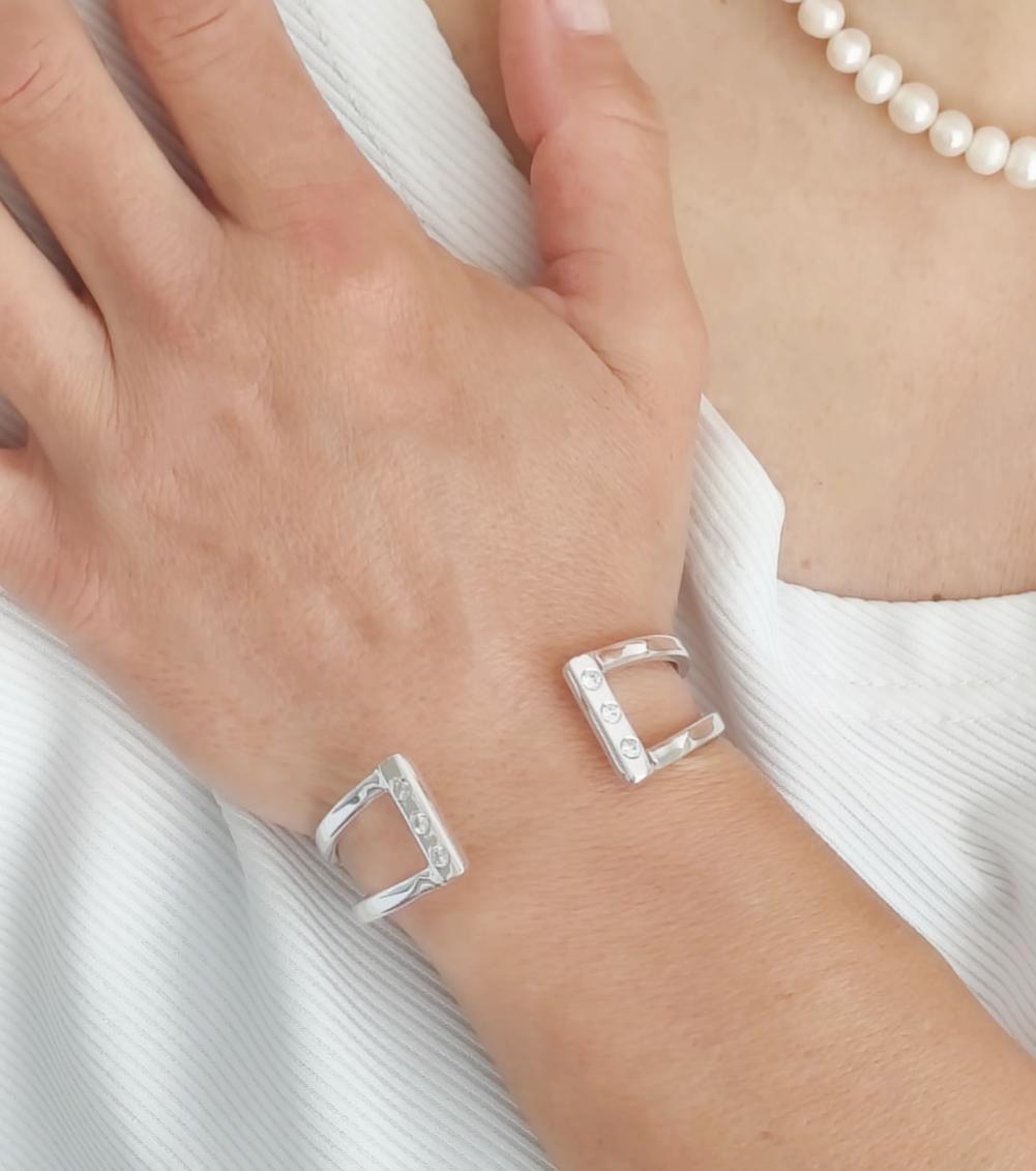Cuff Bracelet For Women: Cubic Zirconia Stones, Modern Bangle, Handmade Jewelry, Silver AG 950