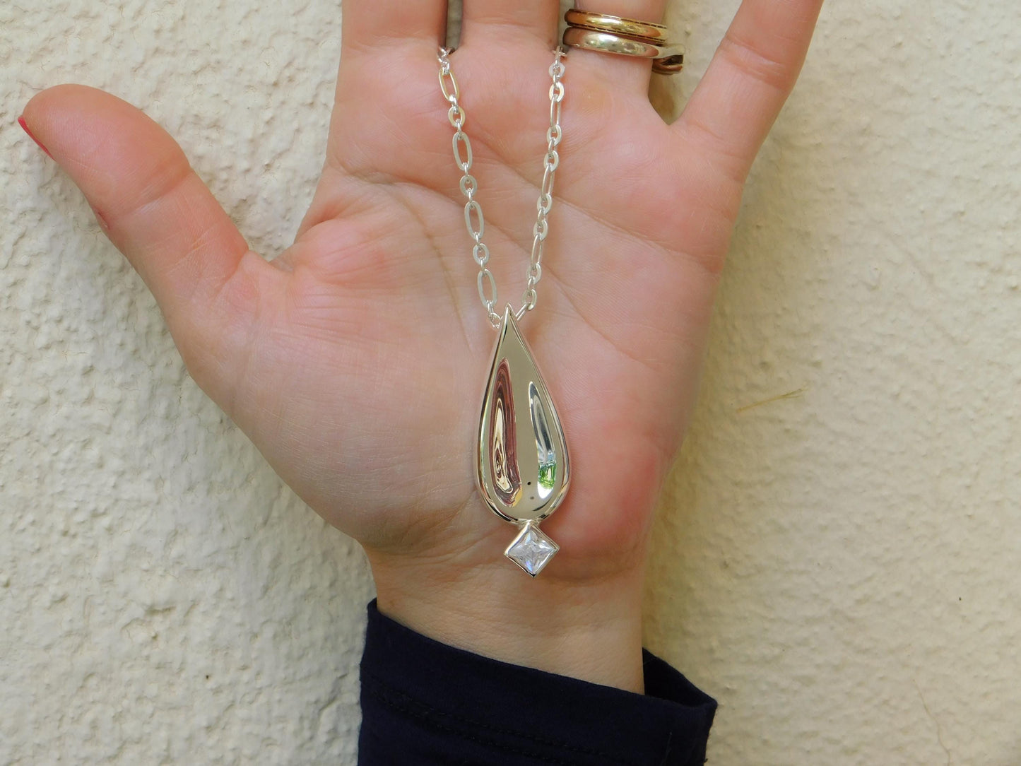Drop Necklace, Princess cut Moissanite, Minimalist Pendant Silver AG950, Luxury Chain
