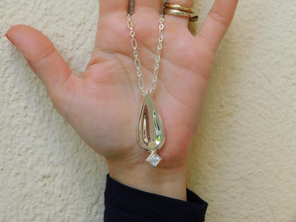 Drop Necklace, Princess cut Moissanite, Minimalist Pendant Silver AG950, Luxury Chain