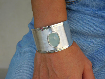 Extra Wide Cuff Bracelet: Heavy Silver Wristlet, Chalcedony Gemstone