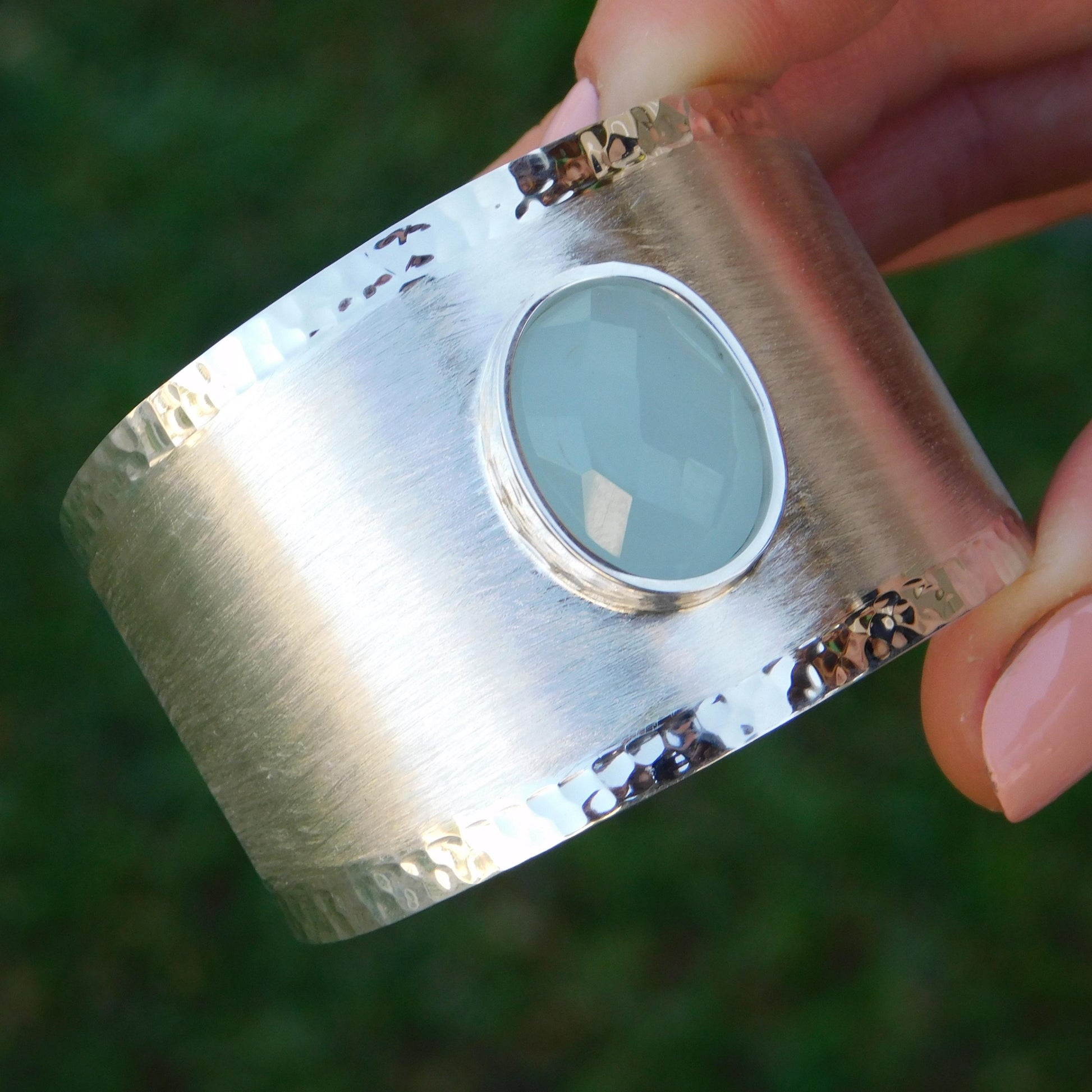 Extra Wide Cuff Bracelet: Heavy Silver Wristlet, Chalcedony Gemstone