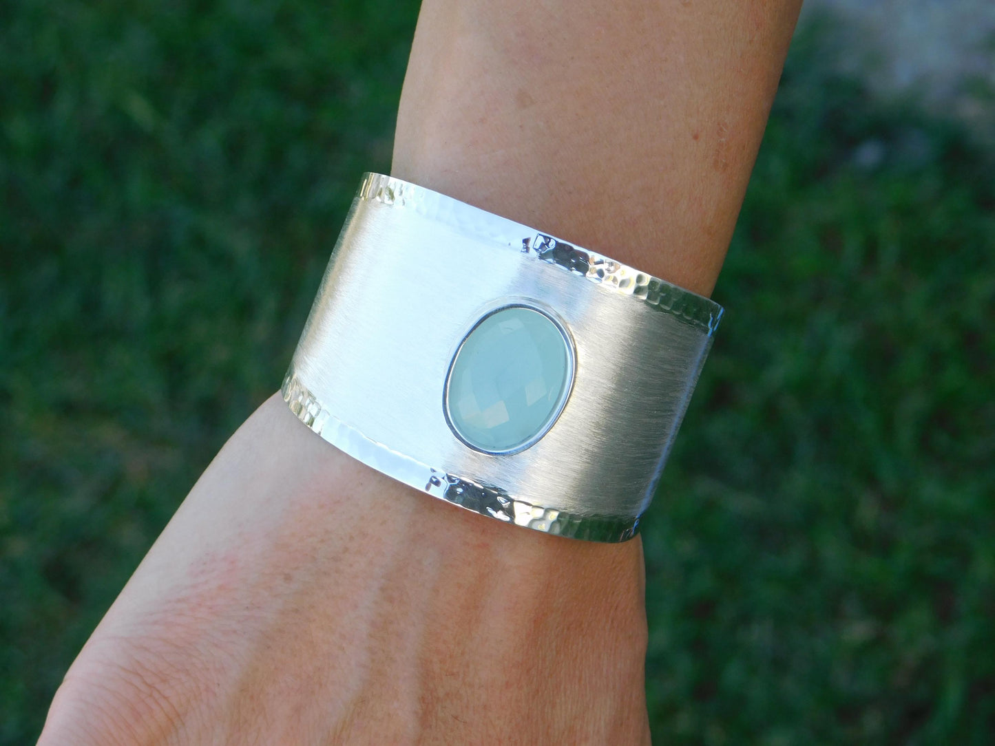 Extra Wide Cuff Bracelet: Heavy Silver Wristlet, Chalcedony Gemstone