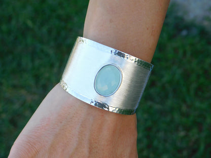 Extra Wide Cuff Bracelet: Heavy Silver Wristlet, Chalcedony Gemstone