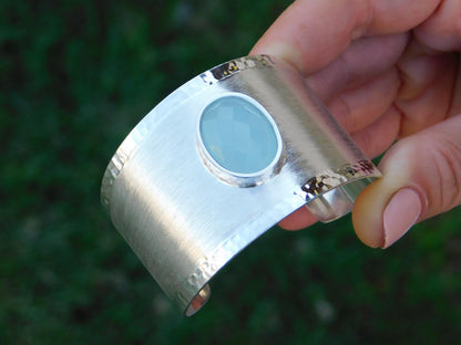 Extra Wide Cuff Bracelet: Heavy Silver Wristlet, Chalcedony Gemstone