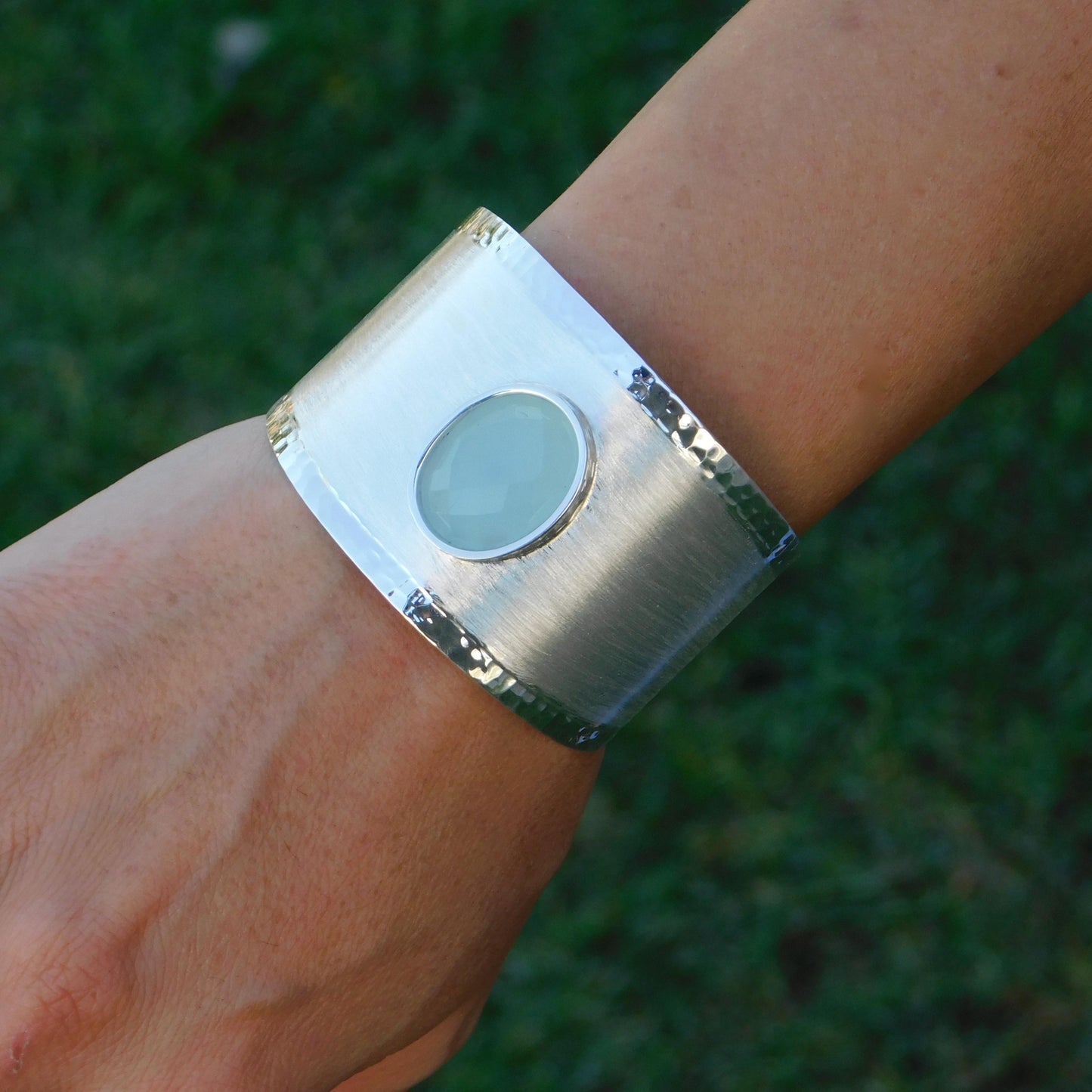 Extra Wide Cuff Bracelet: Heavy Silver Wristlet, Chalcedony Gemstone