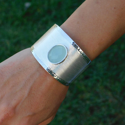 Extra Wide Cuff Bracelet: Heavy Silver Wristlet, Chalcedony Gemstone