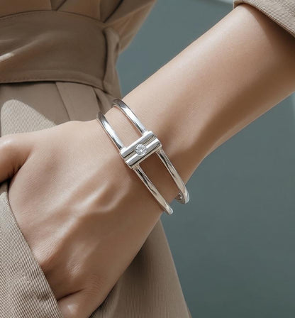 Geometric Cuff Bracelet, Modern Double Band Open Bangle, Artisan Jewelry AG950 Silver