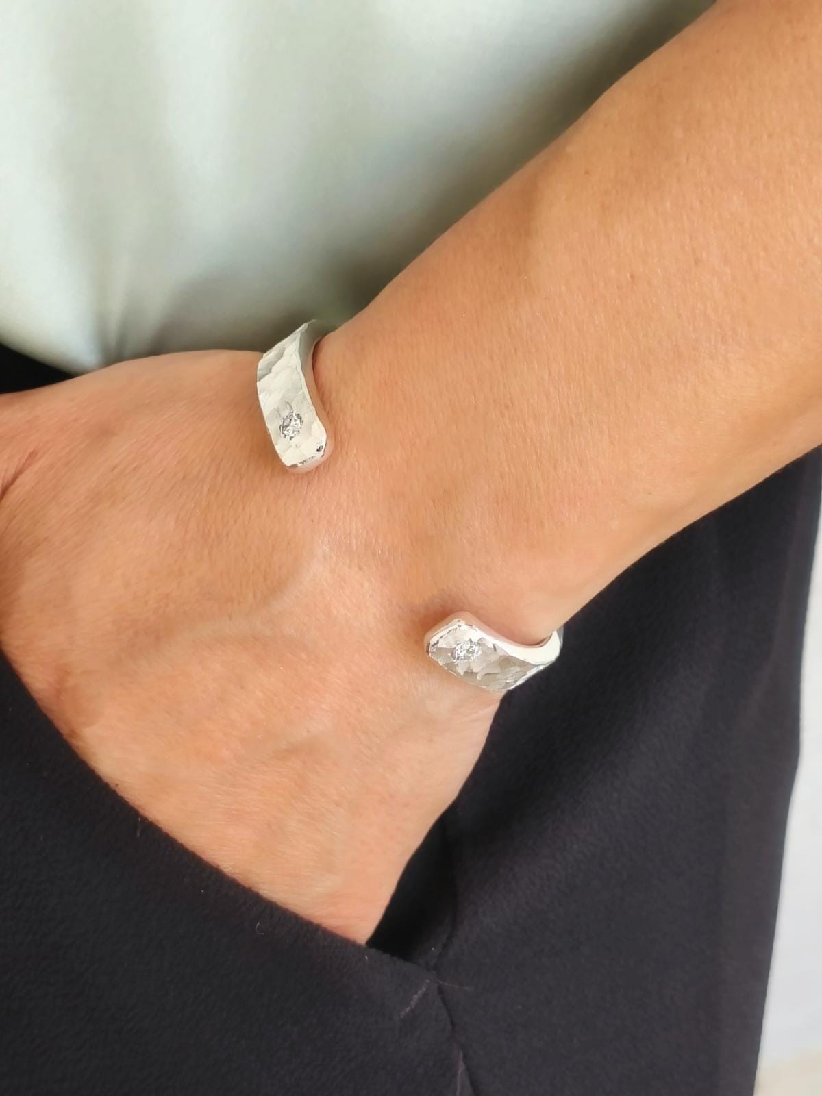 Reversible Hammered Sterling Silver Cuff Bracelet, Twin Stone Ends, Minimalist Statement Jewelry