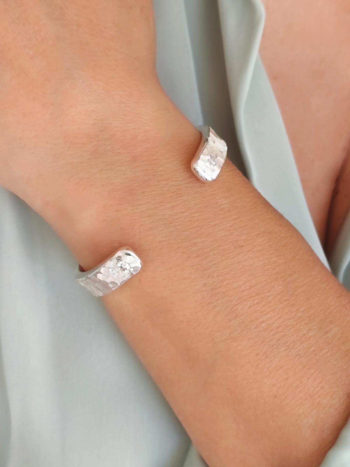 Reversible Hammered Sterling Silver Cuff Bracelet, Twin Stone Ends, Minimalist Statement Jewelry
