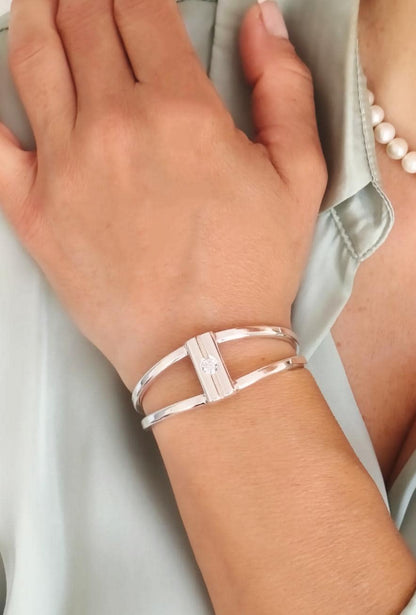 Geometric Cuff Bracelet, Modern Double Band Open Bangle, Artisan Jewelry AG950 Silver