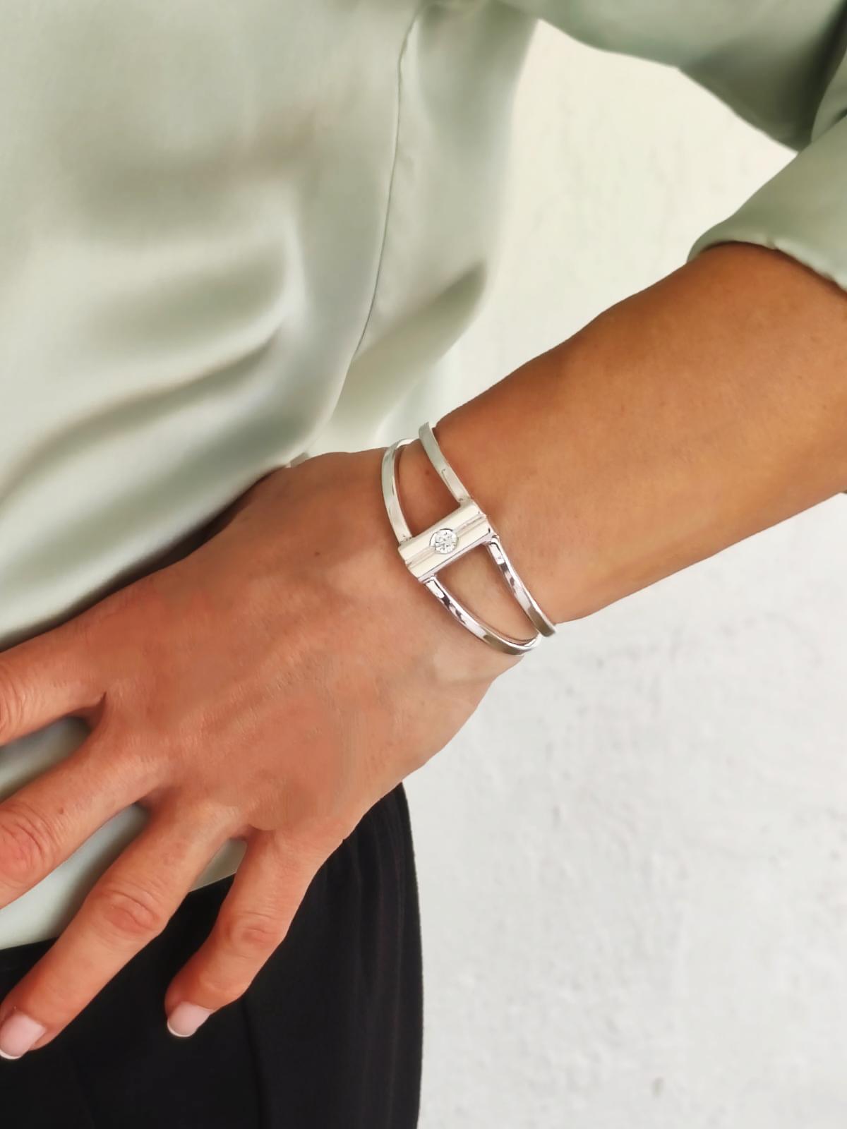 Geometric Cuff Bracelet, Modern Double Band Open Bangle, Artisan Jewelry AG950 Silver