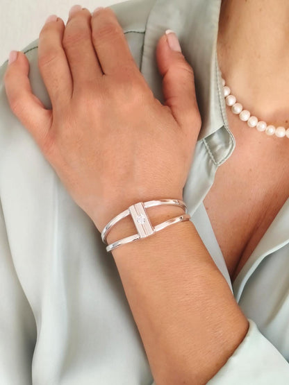 Geometric Cuff Bracelet, Modern Double Band Open Bangle, Artisan Jewelry AG950 Silver