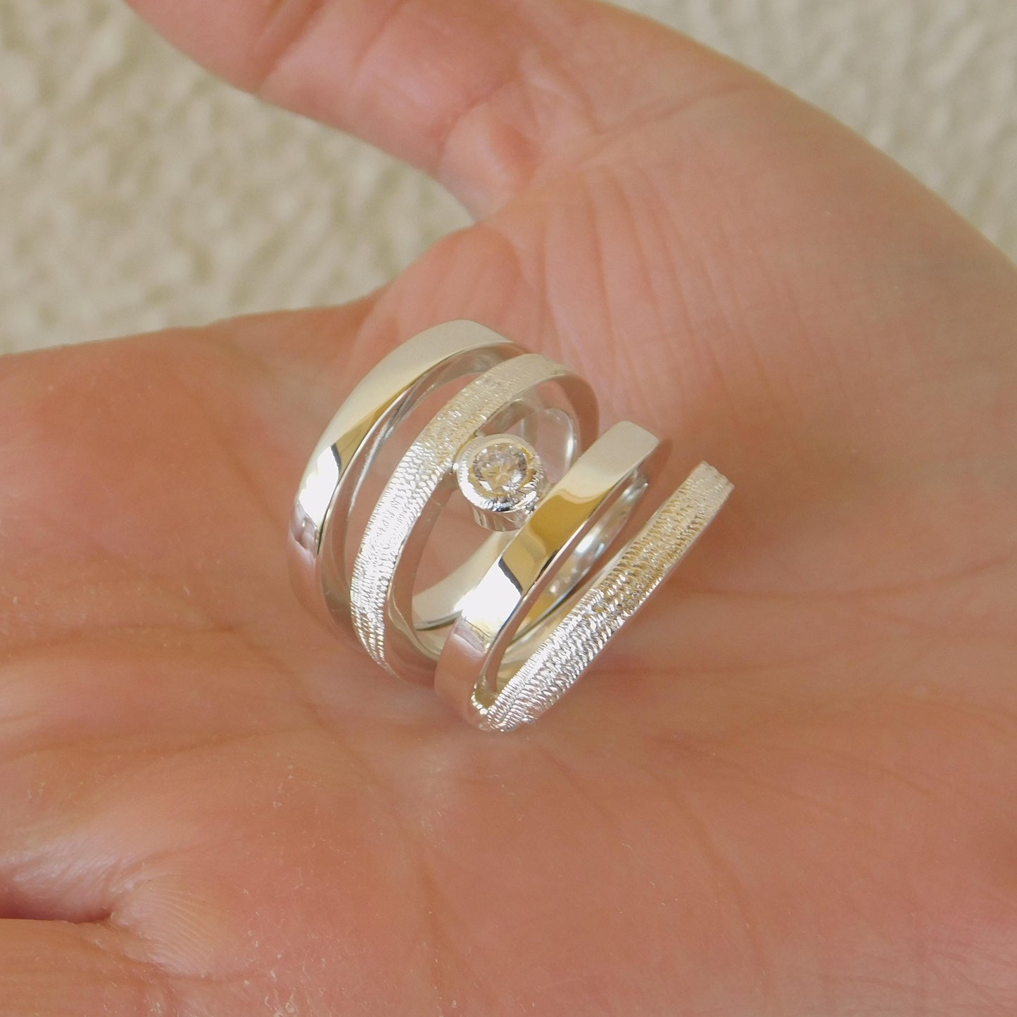 Wide Statement Ring: Multiple Band With Moissanite in Silver or Gold plated