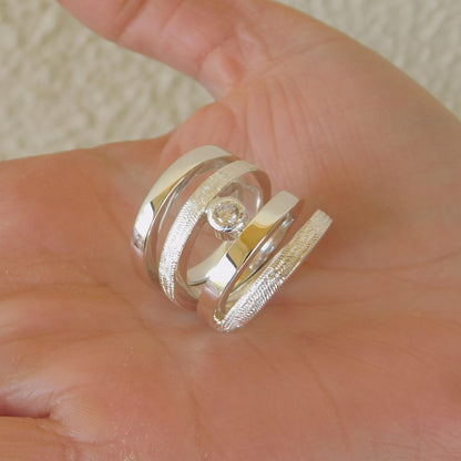 Modern Geometric Silver Ring – AG950 Moissanite Statement Band