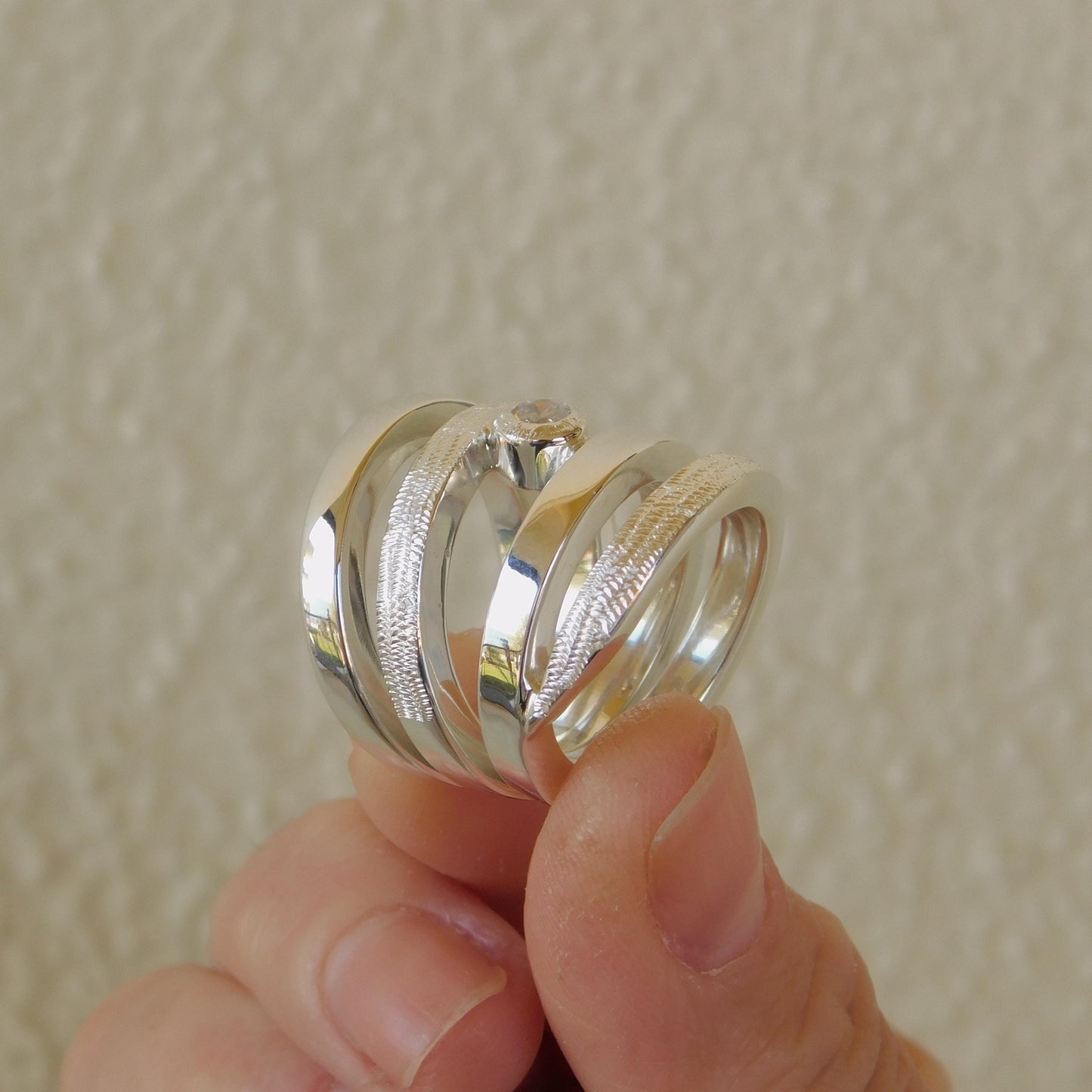 Wide Statement Ring: Multiple Band With Moissanite in Silver or Gold plated